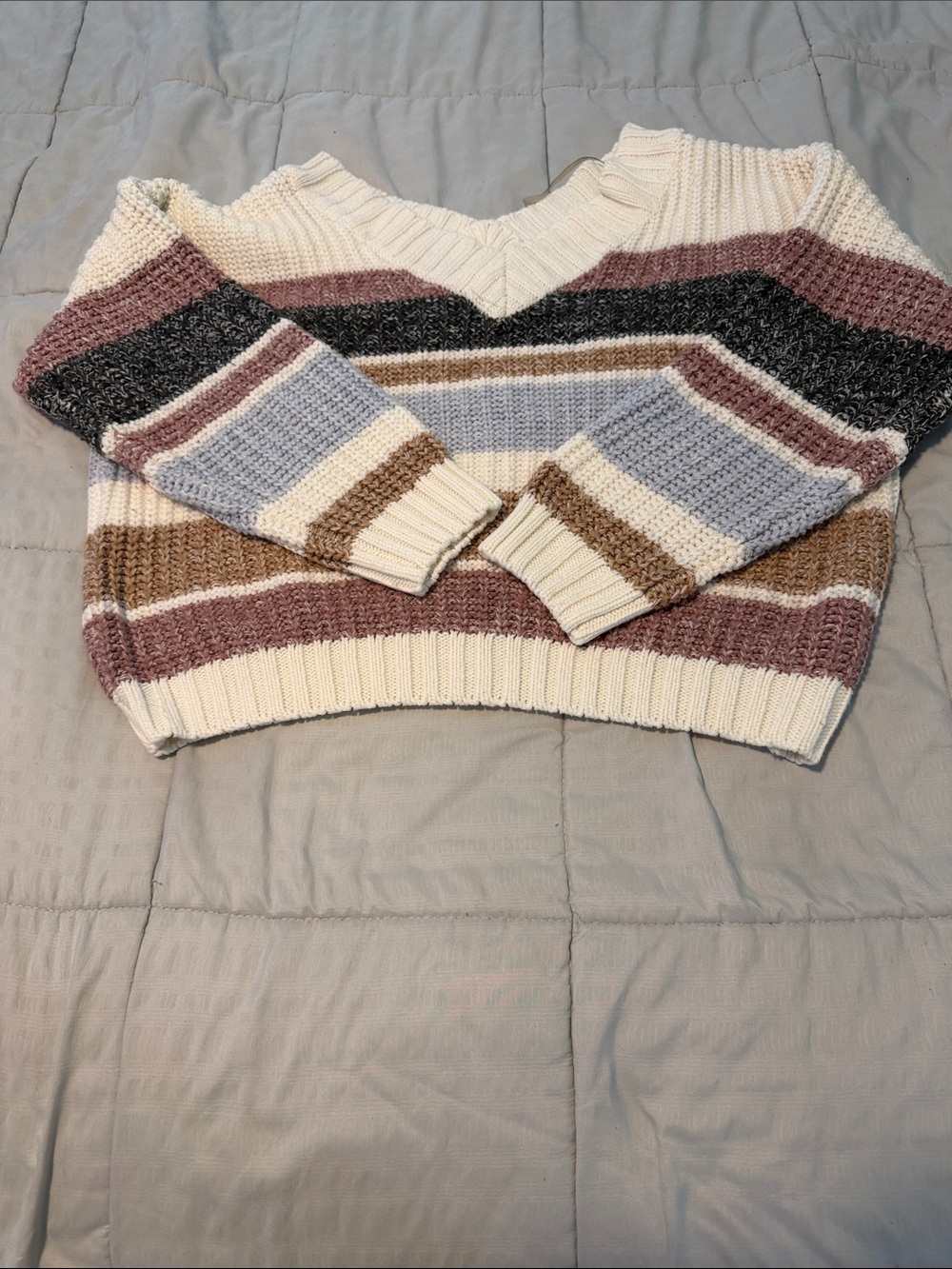 Striped V-Neck Sweater in Cream, Mauve & Taupe